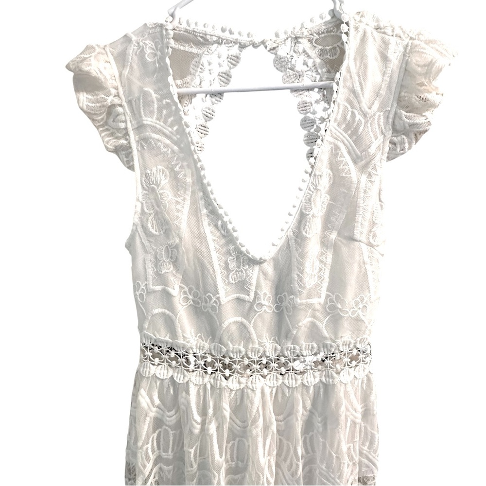 Lace White Maxi Deep V Neck Bodysuit Lace Dress S - Picture 4 of 11